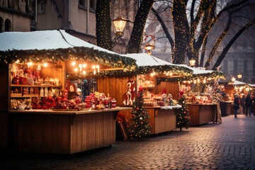 Christmas market with people shopping for holiday gifts and enjoying festive treats