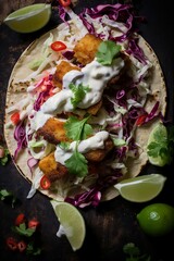 Macro of a wrap with baked fish and vegetables, topped with delicious mayonaise