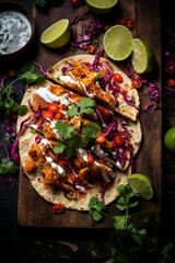 Sliced lamacun with baked fish, fish taco, fish burrito with vegetables and sauce