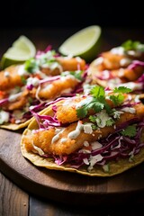 Macro of chicken tacos with cabbage and sauce, served with lime on a plate