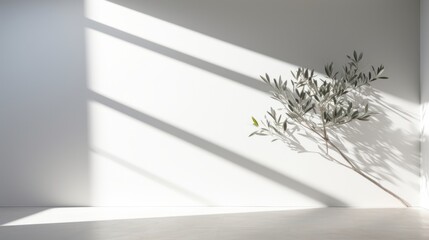 Ethereal Olive Tree Leaves Against a White Wall Enhanced by Bold Shadows and Sunrays