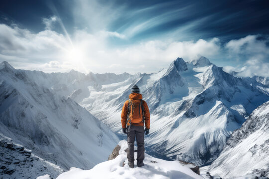 Winter hiker gazing at a breathtaking mountain vista covered in snow