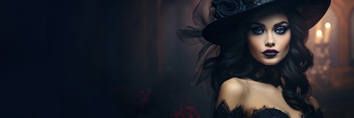 antasy gothic woman dark witch. Black-haired evil Girl demon in black dress. Long hair flutters in black top hat, Dark dense deep autumn scary indoor castle background. Medieval dress, silk clothes