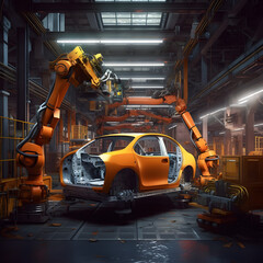 robotic arm assembling a car in a futuristic factory, the complexity of automation