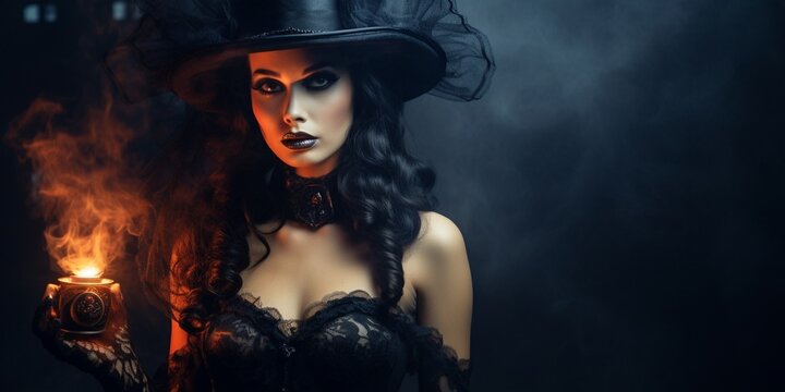 fantasy gothic woman dark witch. Black-haired evil Girl demon in black dress. Long hair flutters in black top hat,  Dark dense deep autumn scary indoor castle background. Medieval dress, silk clothes