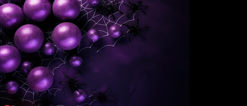 Halloween banner design with empty copy space for text. Glossy purple balls and spider web, net around on dark party background. Mystique concept
