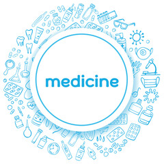 Hand drawn medicine icons doodle set - Medicines, medical products, tablets, medical equipment on a white background. Health care, pharmacy icons. Vector illustration.