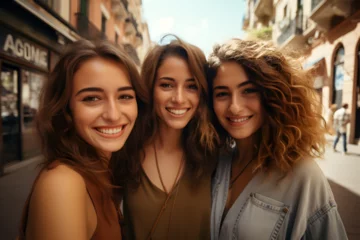 Foto op Plexiglas Happy female friends taking selfie with smart mobile phone device outside - Delightful young women having fun on summer vacation - Friendship concept with ladies enjoying day out © Carles
