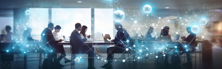 People Working on a Laptop with an Image of a Business Network, Symbolizing Digital Connectivity