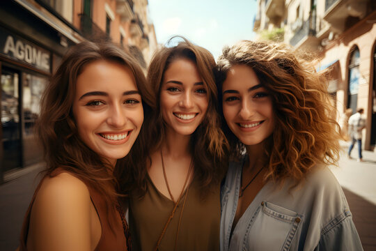 Happy female friends taking selfie with smart mobile phone device outside - Delightful young women having fun on summer vacation - Friendship concept with ladies enjoying day out