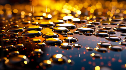 Abstract background with water drops on a glossy horizontal surface.