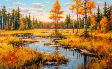 Acrylic painting landscape - a small river on the edge of an autumn forest.