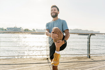 An active and healthy lifestyle of a person. Runner exercises jogging for cardio endurance in...