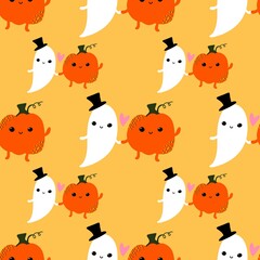Fototapeta premium Cartoon kawaii Halloween seamless pumpkins and ghost pattern for wrapping paper and fabrics and linens and kids