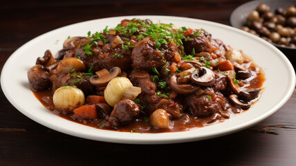 beef stew with mushrooms, red onion, thyme and herbs