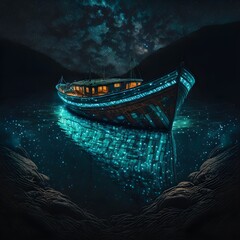 a wooden boat in ocean with bioluminescence lights in a dark ocean and dark sky 