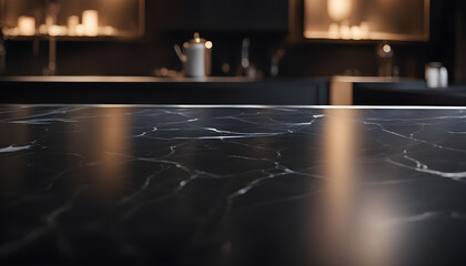 Black marble table top with blurred modern background  Ai Generated