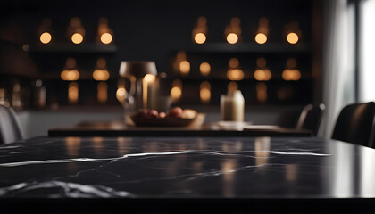 Black marble table top with blurred modern background  Ai Generated