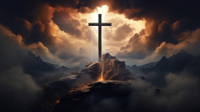 The Cross Sitting Atop a Mountain Amidst Clouds, Inspiring Spiritual Serenity