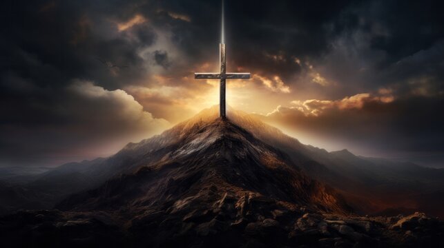 The Cross Sitting Atop a Mountain Amidst Clouds, Inspiring Spiritual Serenity