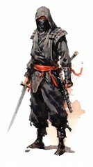 Fototapeta premium Japanese Ninja in ancient ninja suit with a sword attack, Asian watercolor style illustration, isolated on white.