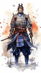 Samurai in ancient armor with a sword attack, Asian watercolor style illustration, isolated on white.