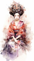 Beautiful Japanese traditional oiran woman illustration in watercolor painting isolated on white, traditional  Japanese culture woman character design.
