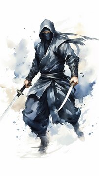 Japanese Ninja in ancient ninja suit with a sword attack, Asian watercolor style illustration, isolated on white.