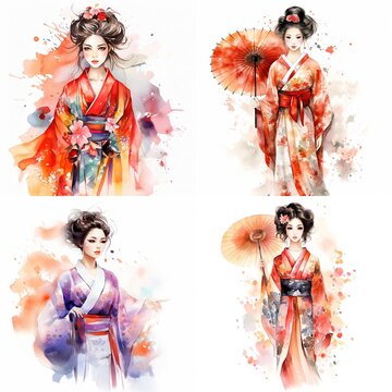  watercolor style illustration of pretty Japanese girl portrait wearing Kimono traditional outfit , collection set, Generative Ai