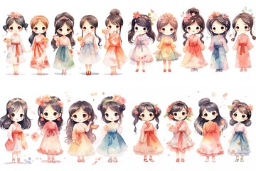 watercolor style illustration of cute young Asian girls wearing pretty dress standing together, collection set, Generative Ai