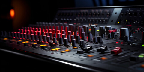 analog sound mixer, focusing on the colorful EQ knobs, in a dark studio setting with red ambient backlighting to evoke a creative mood
