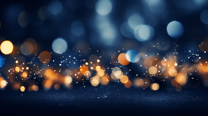 Christmas and New Year banner with a blue defocused background and bokeh effect lights, Christmas sparkles, Generative AI