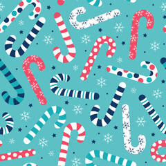 Christmas seamless pattern with candy canes and snowflakes. Vector background for wrapping paper, fabric print, greeting cards design