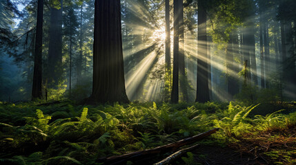 Old - growth forest, towering redwood trees, shafts of sunlight filtering through the canopy, dew - laden ferns below, wildlife subtly present, misty morning ambiance