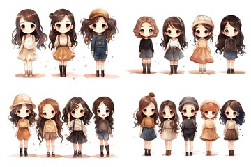 watercolor style illustration of group of cute girls wearing brown grey autumn season tone color outfit, collection set, Generative Ai