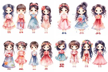watercolor style illustration group of pretty two Asian girls wearing traditional outfit with flowers decorated on hair, collection set, Generative Ai