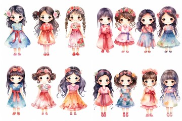 watercolor style illustration of cute young girls wearing pretty dress standing together, collection set, Generative Ai