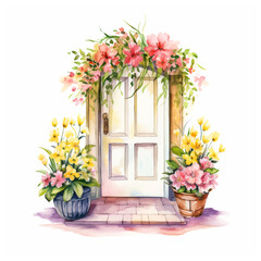 Door surrounded by flowers and vase in front of it watercolor paint