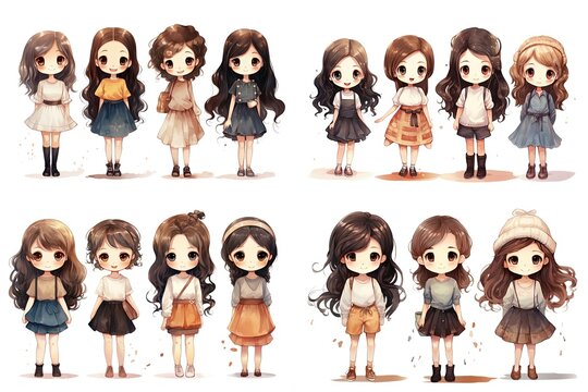 watercolor style illustration of group of cute girls wearing brown grey autumn season tone color outfit, collection set, Generative Ai