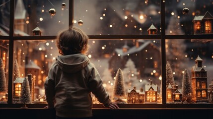 Youngster Looking at Christmas Decorations in Windows - obrazy, fototapety, plakaty