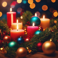 Christmas illustration with several burning candles, Christmas tree branches, colored balls and other decorations. Generative AI