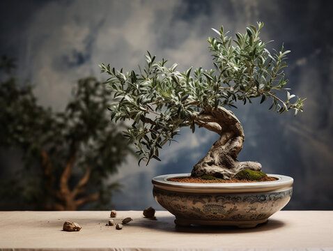 olive bonsai with gnarled trunk, in an ancient - looking clay pot, set on a marble surface, studio lighting