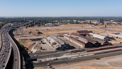 Afternoon aerial view of the historic train rail yards of Sacramento, California, USA.