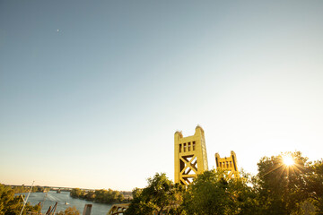 Sunset view of the historic 1935 Tower Bridge in downtown Old Sacramento, California, USA.