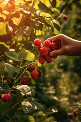 Fresh raspberries getting harvested from the raspberry bush