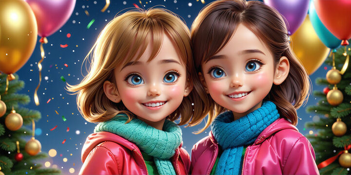 Beautiful New Year illustration with two festively dressed smiling girls, with a decorated Christmas tree and colored balloons. Generative AI