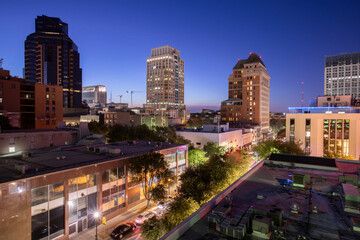 Sunset view of the downtown skyline of Sacramento, California, USA.