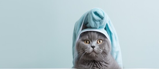 White background cat with shower cap and bathing accessories