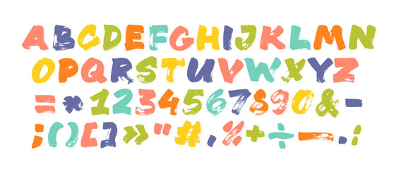 Childish alphabet with brush drawn colorful letters and numbers vector illustration.