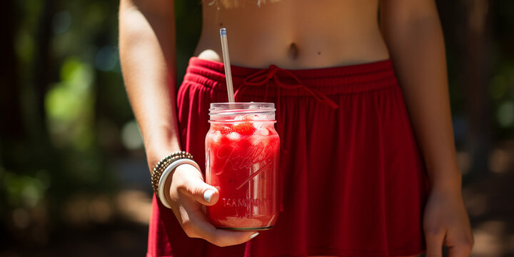 Frauen Body in der Natur mit Smoothie in der Hand Querformat, ai generativ